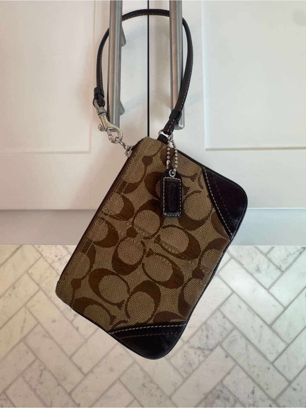Coach Brown Signature Canvas Wristlet with Dark Trim
